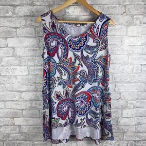 Susan Graver Liquid Knit Popover Sleeveless Top Paisley Tiered Ruffle Hem Size M